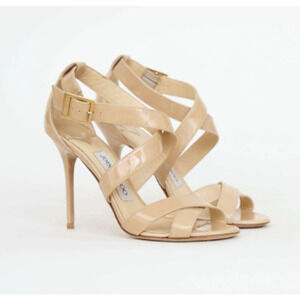Jimmy Choo Lottie Crisscross Patent Leather Sandals Nude Beige Women's EU 37.5